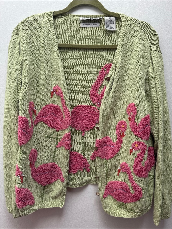 david brooks Sweaters - VTG Knit by Hand David Brooks Fuzzy Flamingo Linen Blend Cardigan Sz XL Beachy